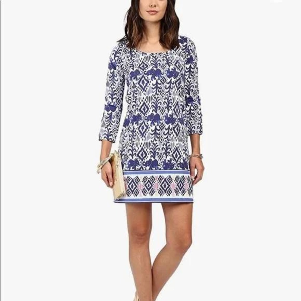 Lilly Pulitzer Sophie T-Shirt Dress Blue White Ikat Elephant Print Womens Small